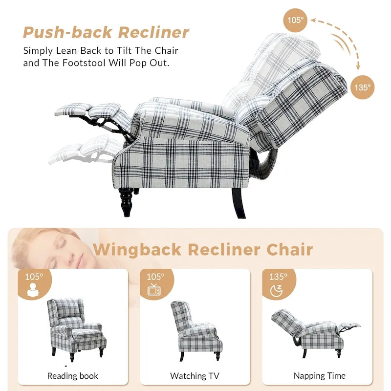 Fauteuil inclinable manuel à oreilles avec pieds fuseau – Carreaux noirs / Rayures noires / Fleurs / Carreaux gris / Fauve / Jacobéen / Rayures marine / Tropical / Blanc / Bleu / Gris, Style classique, Individuel