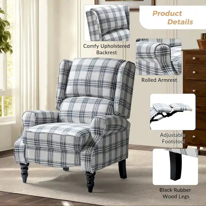 Fauteuil inclinable manuel à oreilles avec pieds fuseau – Carreaux noirs / Rayures noires / Fleurs / Carreaux gris / Fauve / Jacobéen / Rayures marine / Tropical / Blanc / Bleu / Gris, Style classique, Individuel