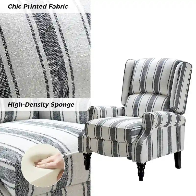 Fauteuil inclinable manuel à oreilles avec pieds fuseau – Carreaux noirs / Rayures noires / Fleurs / Carreaux gris / Fauve / Jacobéen / Rayures marine / Tropical / Blanc / Bleu / Gris, Style classique, Individuel