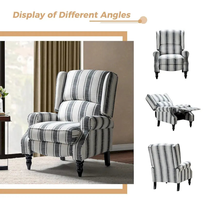 Fauteuil inclinable manuel à oreilles avec pieds fuseau – Carreaux noirs / Rayures noires / Fleurs / Carreaux gris / Fauve / Jacobéen / Rayures marine / Tropical / Blanc / Bleu / Gris, Style classique, Individuel