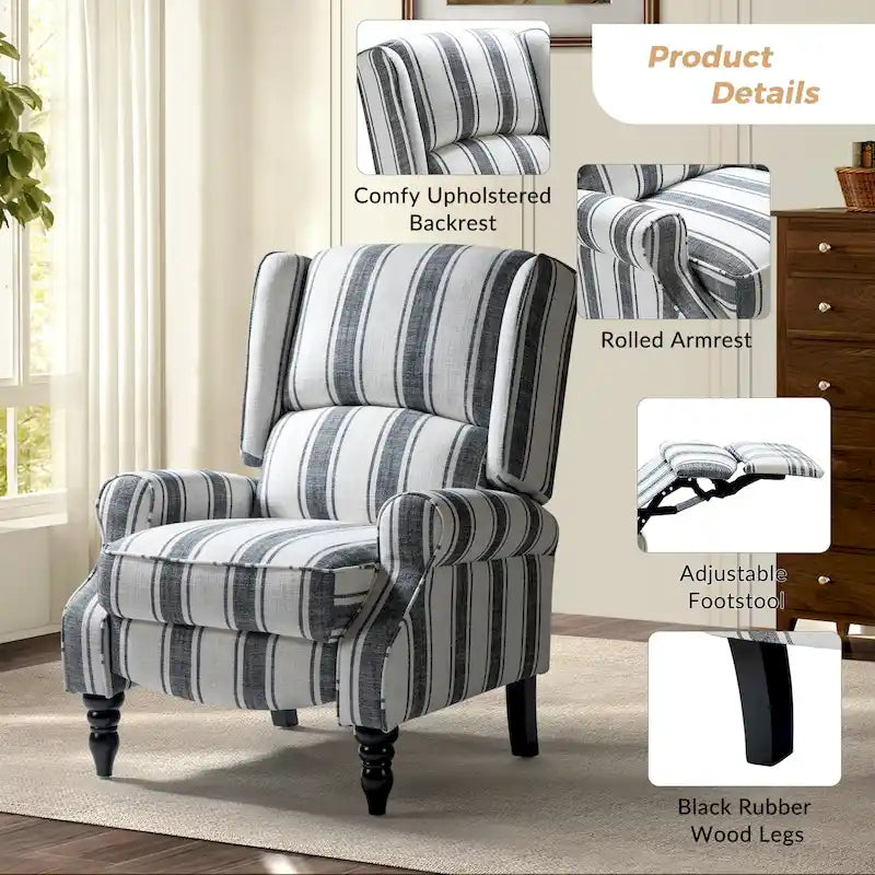 Fauteuil inclinable manuel à oreilles avec pieds fuseau – Carreaux noirs / Rayures noires / Fleurs / Carreaux gris / Fauve / Jacobéen / Rayures marine / Tropical / Blanc / Bleu / Gris, Style classique, Individuel