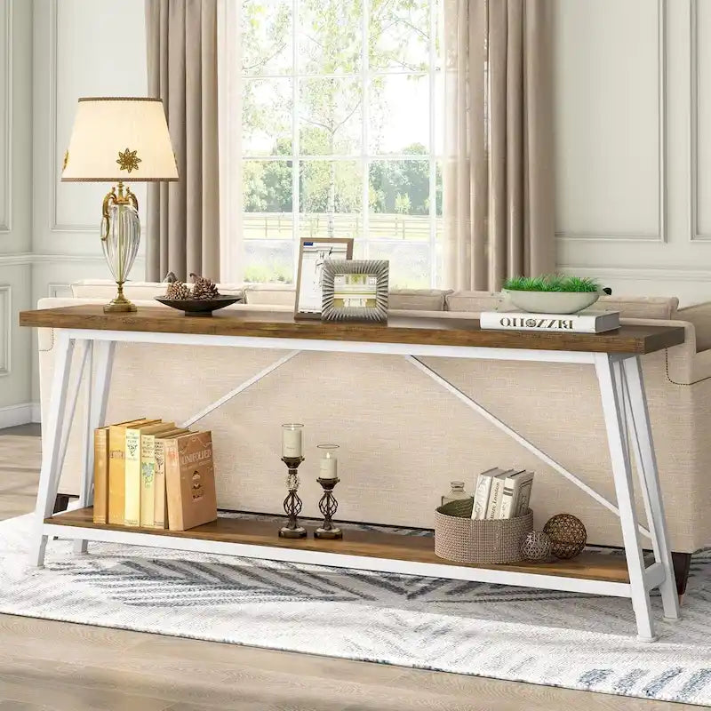 Console étroite avec 4 étagères et structure en acier – Marron foncé / Gris clair / Or et blanc / Marron clair et blanc / Marron clair et noir, Style industriel, Simple