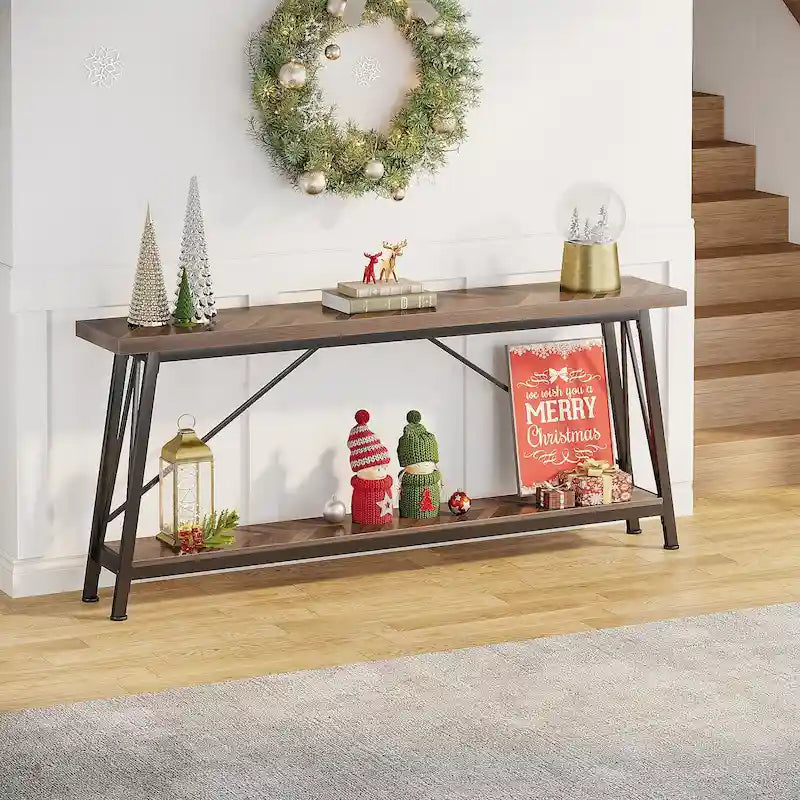 Console étroite avec 4 étagères et structure en acier – Marron foncé / Gris clair / Or et blanc / Marron clair et blanc / Marron clair et noir, Style industriel, Simple