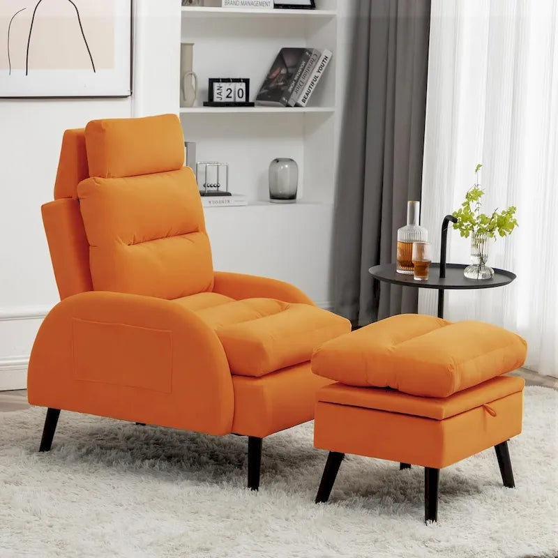Fauteuil d'appoint avec pouf de rangement – Jaune / Gris / Kaki / Blanc / Orange / Gris foncé / Gris foncé Sherpa / Bleu foncé, réglable, individuel