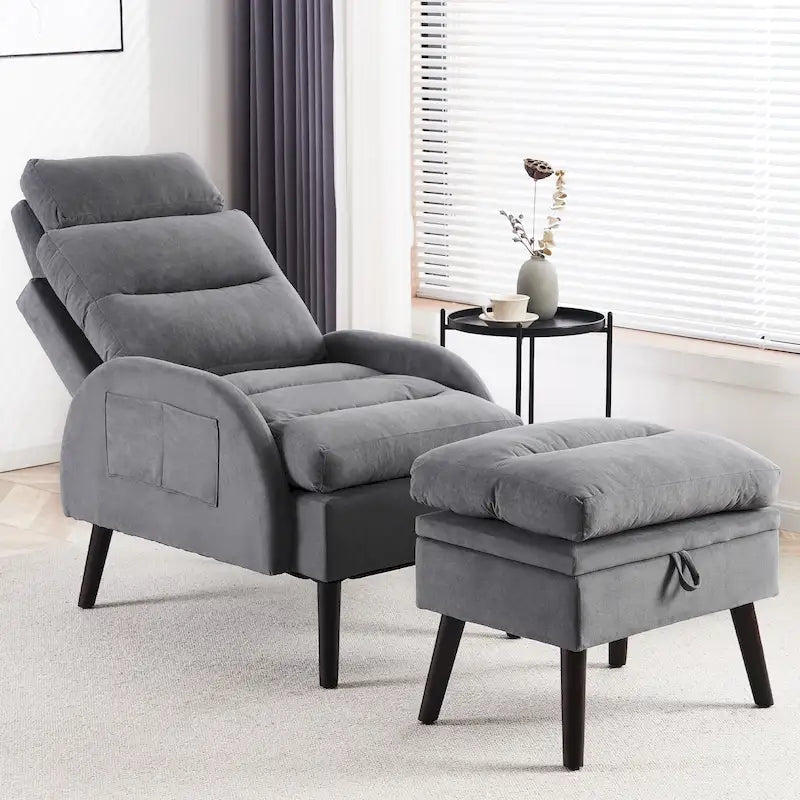 Fauteuil d'appoint avec pouf de rangement – Jaune / Gris / Kaki / Blanc / Orange / Gris foncé / Gris foncé Sherpa / Bleu foncé, réglable, individuel