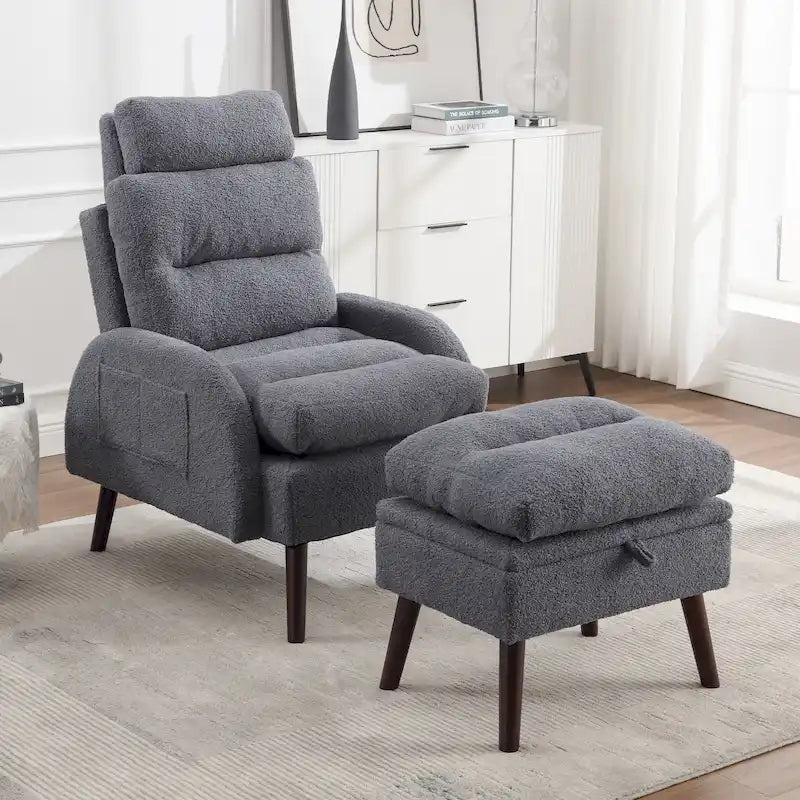 Fauteuil d'appoint avec pouf de rangement – Jaune / Gris / Kaki / Blanc / Orange / Gris foncé / Gris foncé Sherpa / Bleu foncé, réglable, individuel