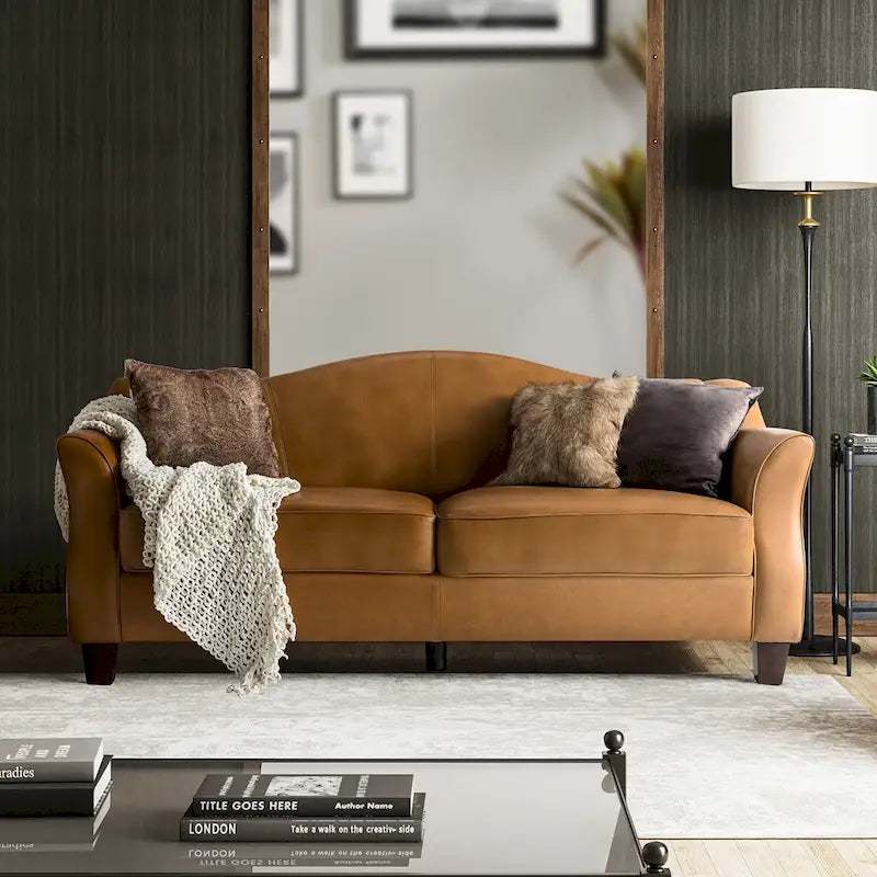 Canapé grand dossier en cuir véritable – Bourgogne / Caramel / Noir, Style traditionnel, 3 places