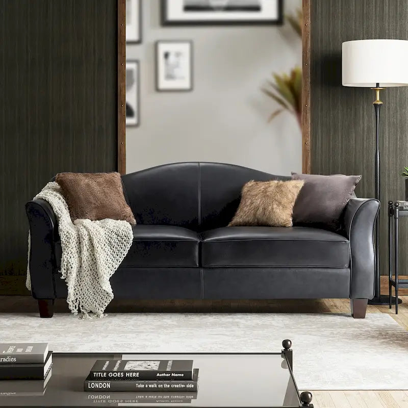 Canapé grand dossier en cuir véritable – Bourgogne / Caramel / Noir, Style traditionnel, 3 places