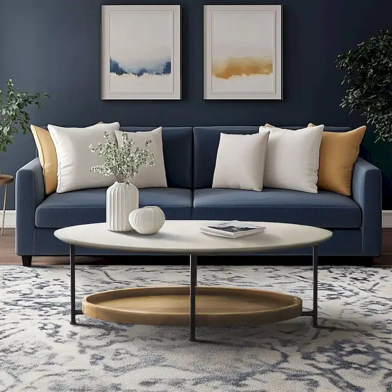 Table basse ovale avec pieds en métal noir et étagère en bois naturel – Blanc / Naturel, Style contemporain, Unique