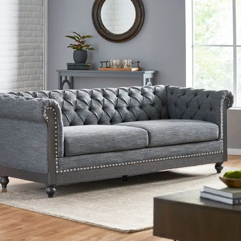 Canapé Chesterfield avec garniture cloutée et capitonnage – Gris anthracite / Beige / Noir de jais / Brun foncé / Brun cognac, Style classique, 3 places