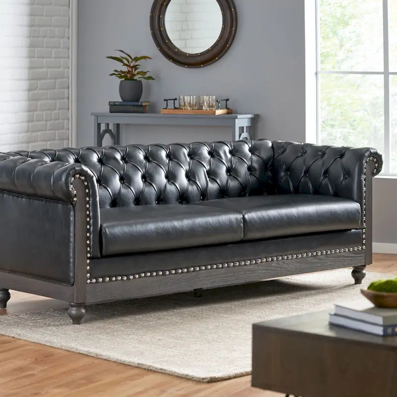 Canapé Chesterfield avec garniture cloutée et capitonnage – Gris anthracite / Beige / Noir de jais / Brun foncé / Brun cognac, Style classique, 3 places