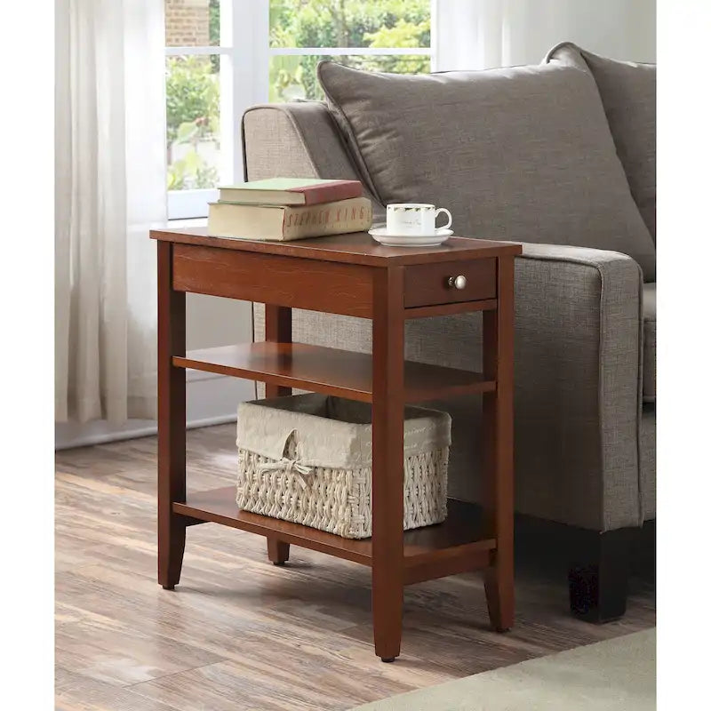 Table d'appoint de chevet à 1 tiroir avec 3 étagères et bouton nickel – 16 finitions, style transitionnel, individuelle