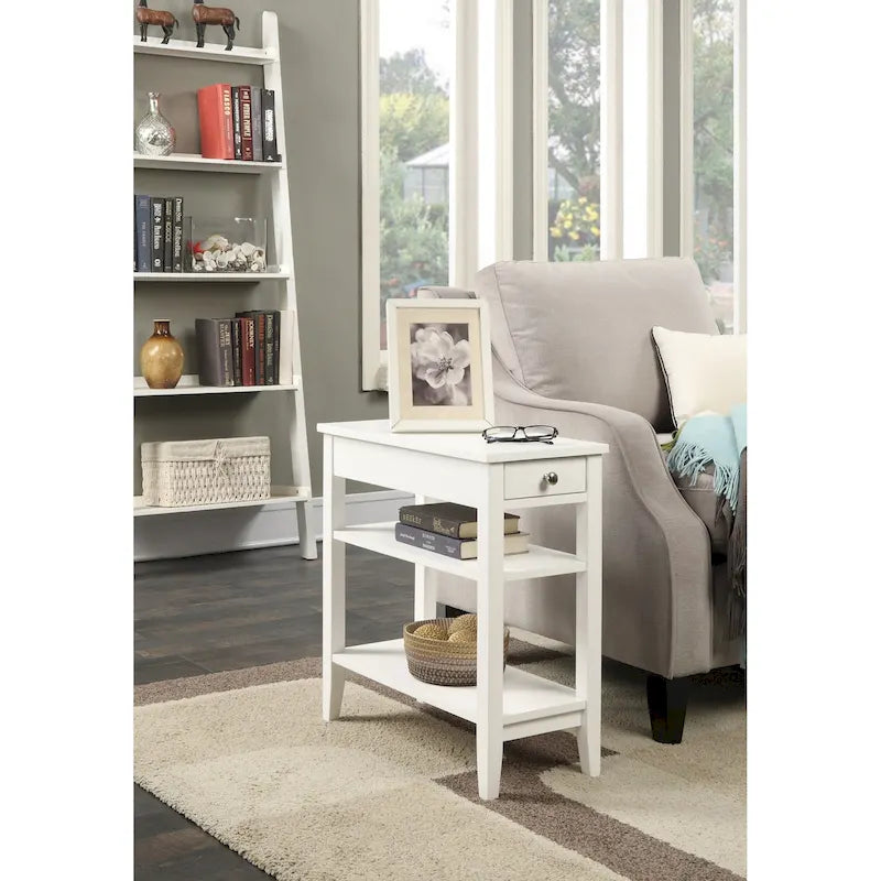 Table d'appoint de chevet à 1 tiroir avec 3 étagères et bouton nickel – 16 finitions, style transitionnel, individuelle