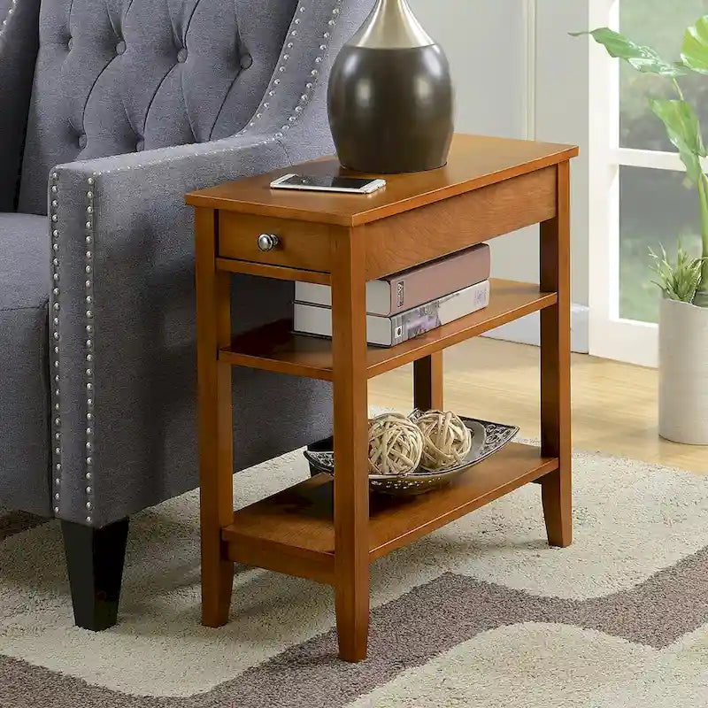 Table d'appoint de chevet à 1 tiroir avec 3 étagères et bouton nickel – 16 finitions, style transitionnel, individuelle