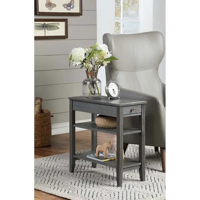 Table d'appoint de chevet à 1 tiroir avec 3 étagères et bouton nickel – 16 finitions, style transitionnel, individuelle