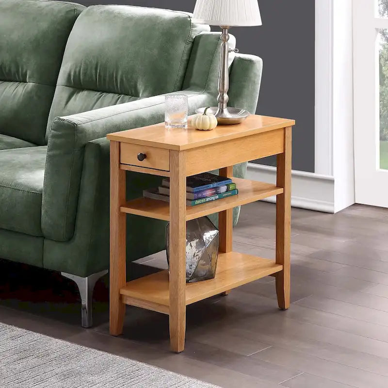 Table d'appoint de chevet à 1 tiroir avec 3 étagères et bouton nickel – 16 finitions, style transitionnel, individuelle