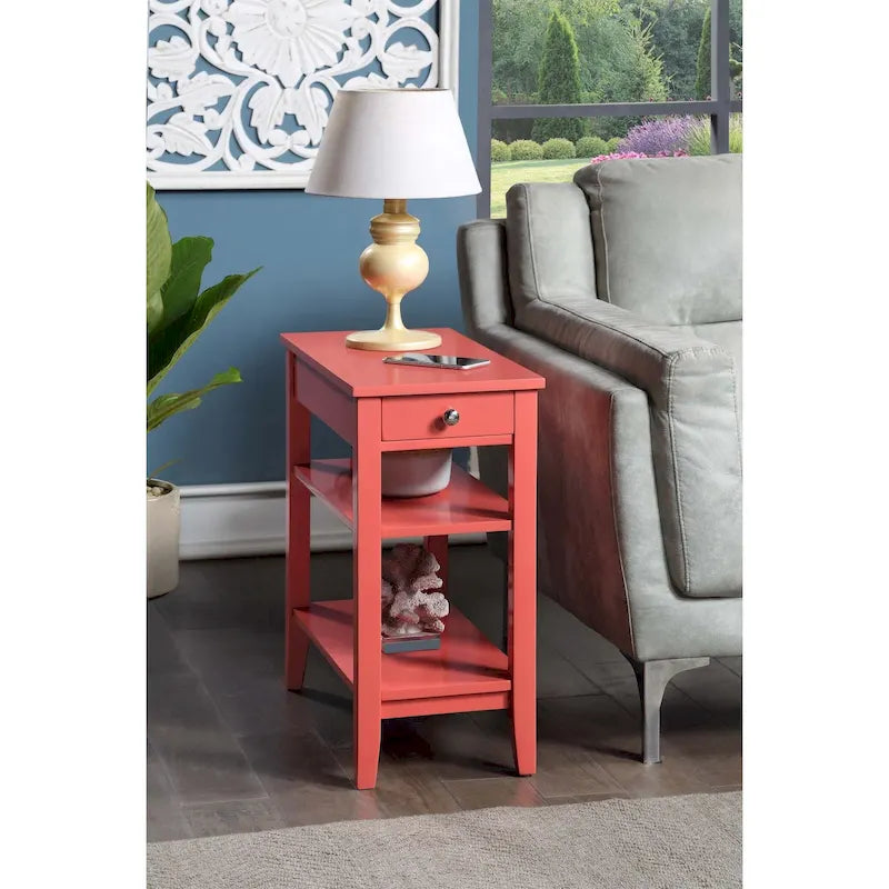 Table d'appoint de chevet à 1 tiroir avec 3 étagères et bouton nickel – 16 finitions, style transitionnel, individuelle