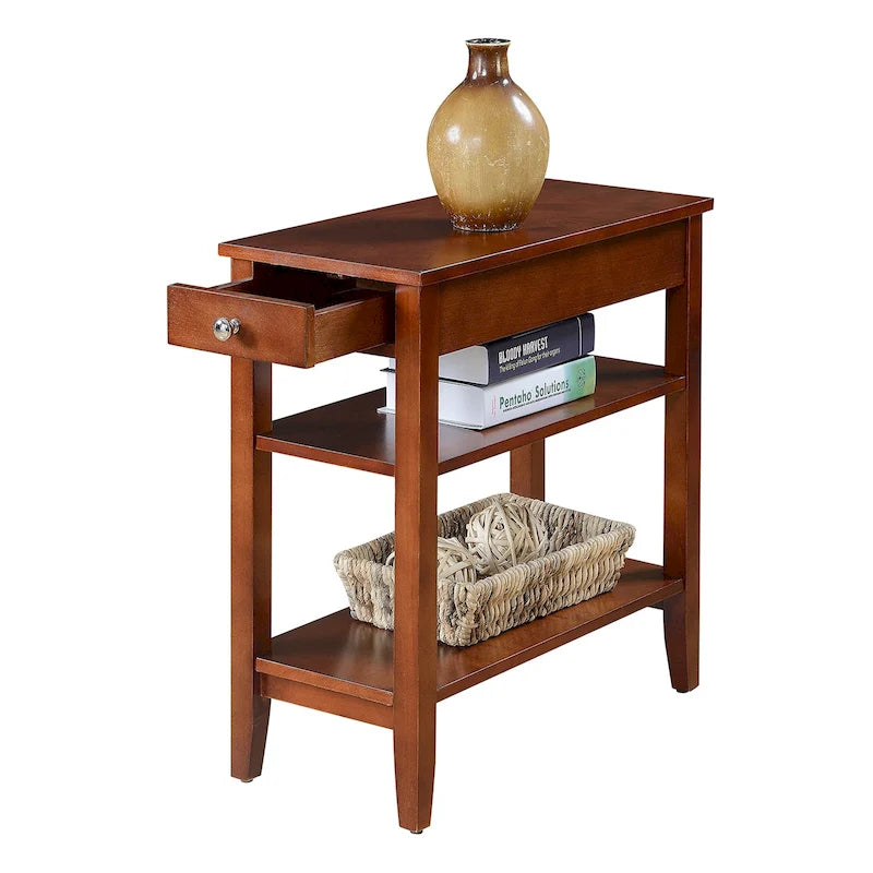 Table d'appoint de chevet à 1 tiroir avec 3 étagères et bouton nickel – 16 finitions, style transitionnel, individuelle
