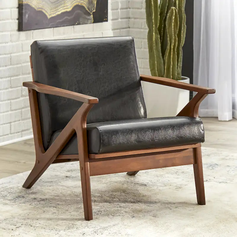 Fauteuil d'appoint Mid-Century avec cadre en bois d'hévéa biseauté – Marron Camel / Gris / Noir (Cuir Végétalien) / Blanc (Boucle), Style Mid-Century, Individuel