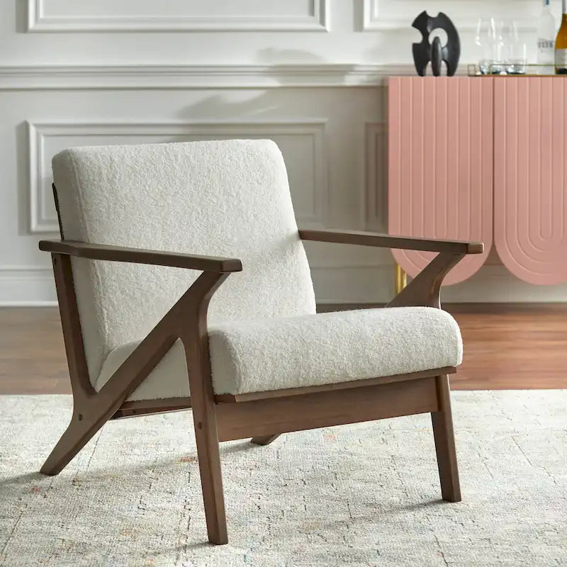 Fauteuil d'appoint Mid-Century avec cadre en bois d'hévéa biseauté – Marron Camel / Gris / Noir (Cuir Végétalien) / Blanc (Boucle), Style Mid-Century, Individuel