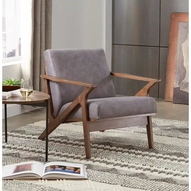 Fauteuil d'appoint Mid-Century avec cadre en bois d'hévéa biseauté – Marron Camel / Gris / Noir (Cuir Végétalien) / Blanc (Boucle), Style Mid-Century, Individuel