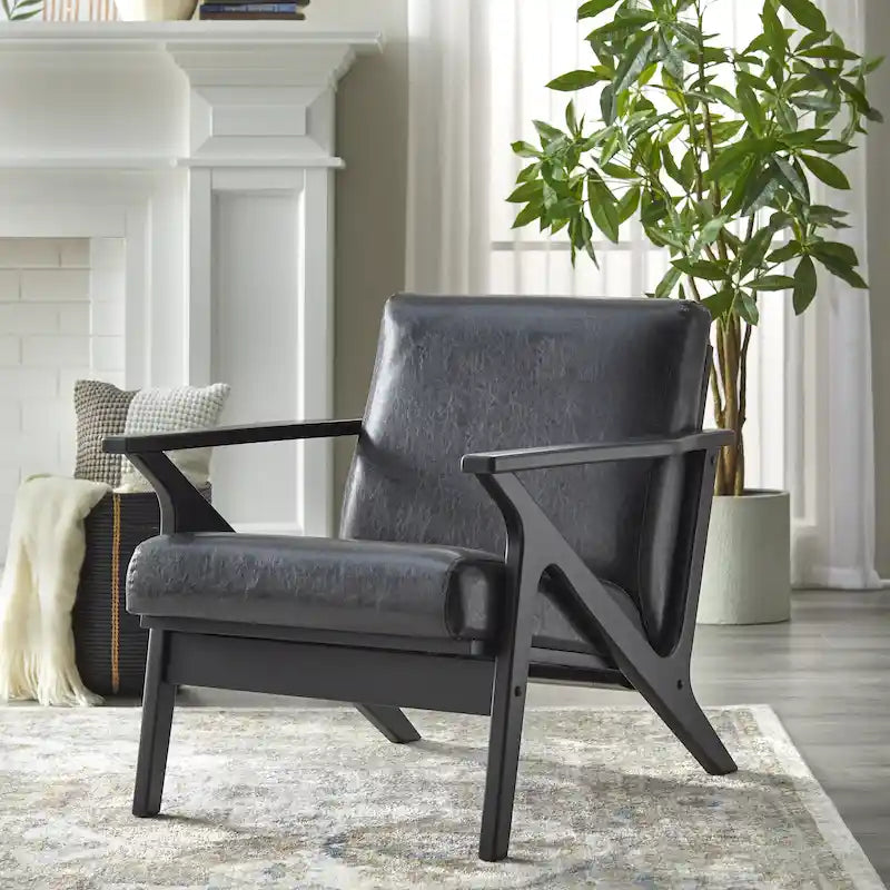 Fauteuil d'appoint Mid-Century avec cadre en bois d'hévéa biseauté – Marron Camel / Gris / Noir (Cuir Végétalien) / Blanc (Boucle), Style Mid-Century, Individuel