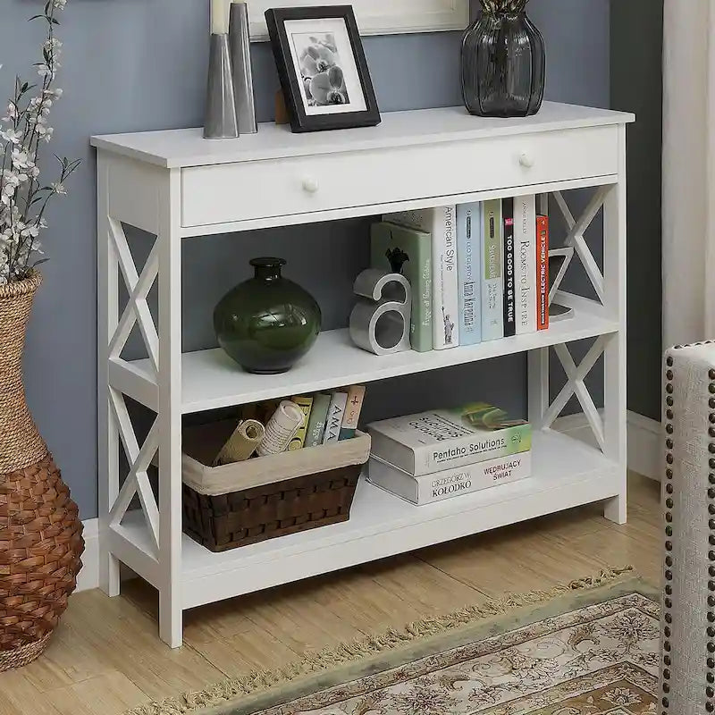 Console en X avec 1 tiroir et 3 étagères – 15 finitions, style transitionnel, simple