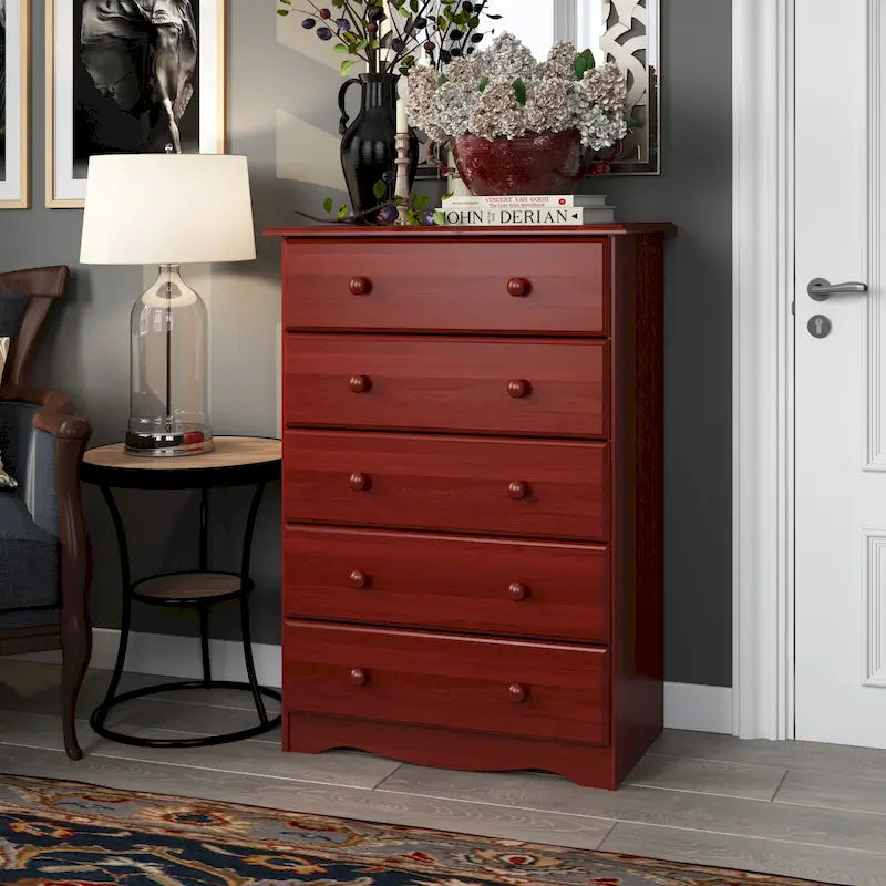 Commode 5 tiroirs en pin massif – Pin miel / Acajou / Java / Blanc / Moka / Noir, style classique, simple