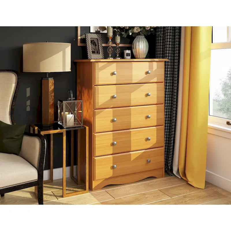 Commode 5 tiroirs en pin massif – Pin miel / Acajou / Java / Blanc / Moka / Noir, style classique, simple