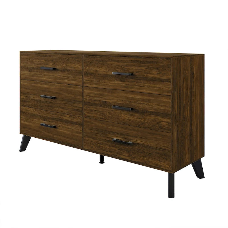 Commode en bois à 6 tiroirs avec pieds fuselés – Marron / Gris foncé / Gris clair, Style classique, Un seul