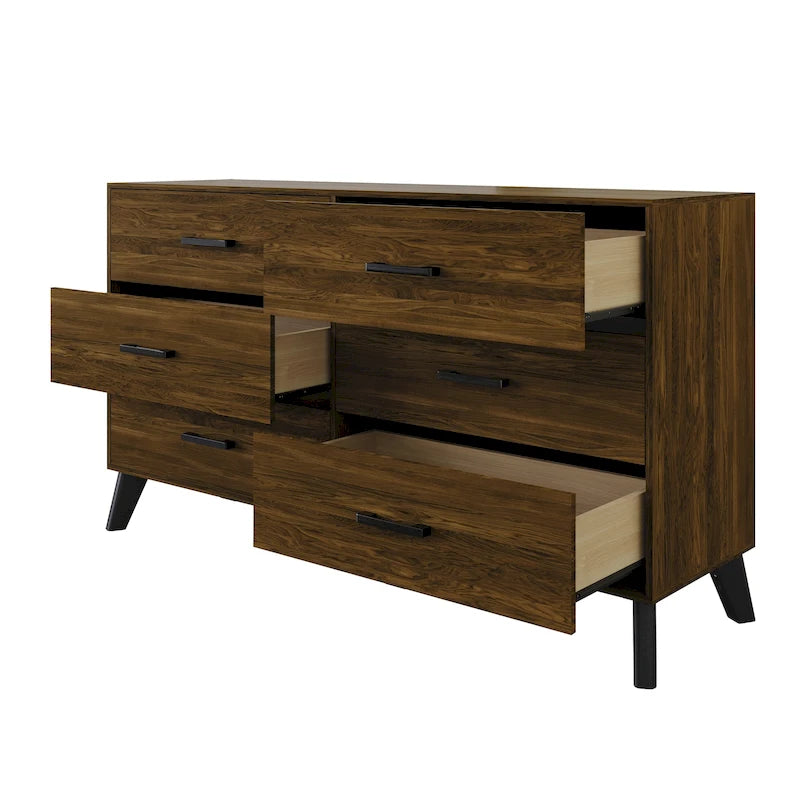 Commode en bois à 6 tiroirs avec pieds fuselés – Marron / Gris foncé / Gris clair, Style classique, Un seul