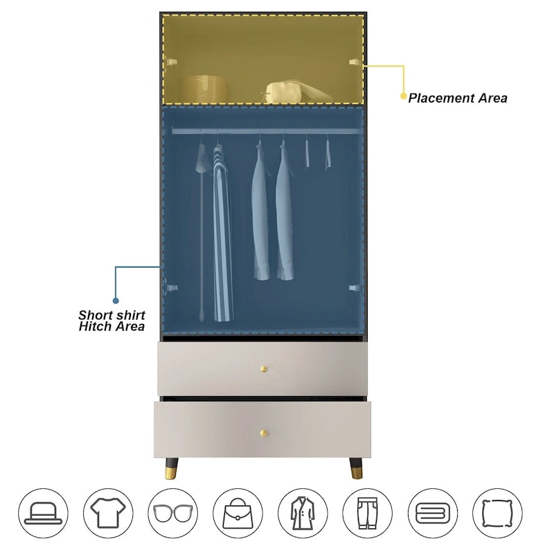 Armoire autoportante avec 2 tiroirs et tringle à vêtements – Gris / Marron / Blanc, Style moderne, Individuel