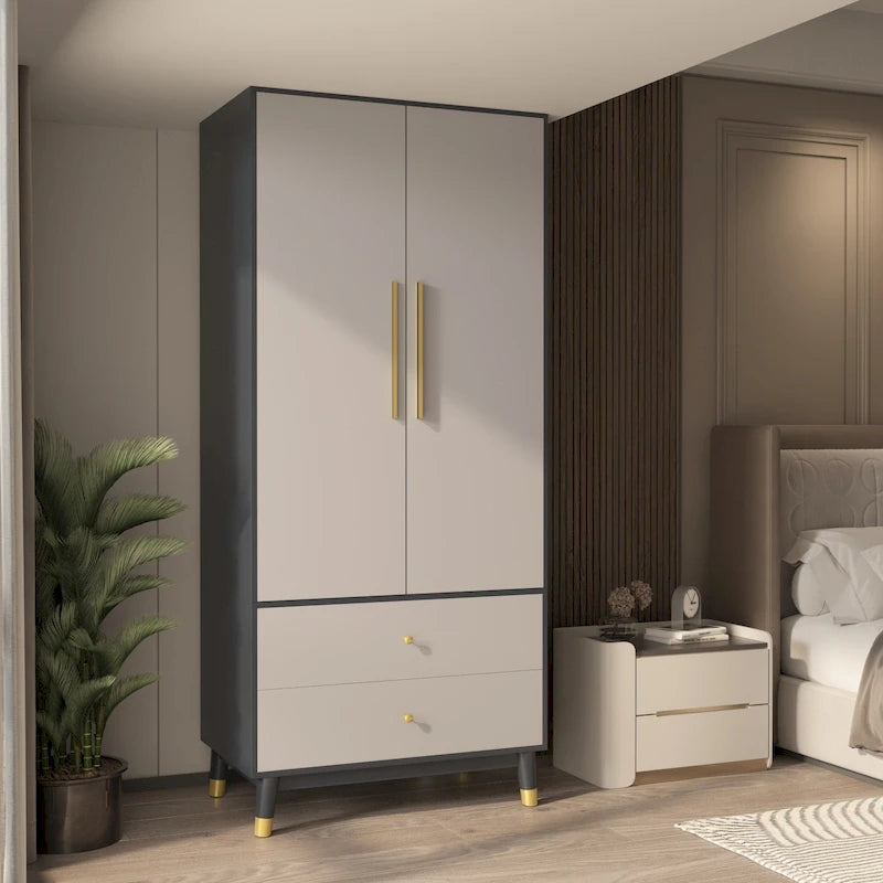 Armoire autoportante avec 2 tiroirs et tringle à vêtements – Gris / Marron / Blanc, Style moderne, Individuel