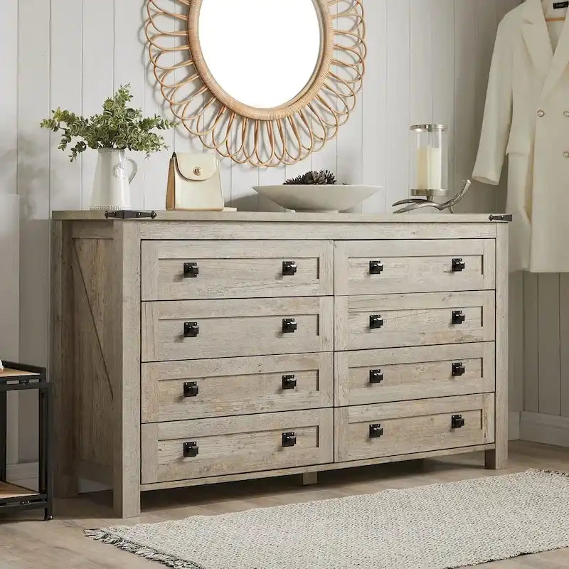 Commode 8 Tiroirs Style Ferme – Bois de Grange Recyclé / Chêne Rustique Clair / Chêne Rustique Foncé / Blanc Antique / Blanc Brossé Antique, Style Rustique, Simple