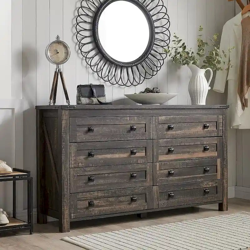 Commode 8 Tiroirs Style Ferme – Bois de Grange Recyclé / Chêne Rustique Clair / Chêne Rustique Foncé / Blanc Antique / Blanc Brossé Antique, Style Rustique, Simple