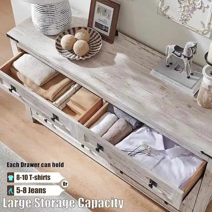 Commode 8 Tiroirs Style Ferme – Bois de Grange Recyclé / Chêne Rustique Clair / Chêne Rustique Foncé / Blanc Antique / Blanc Brossé Antique, Style Rustique, Simple