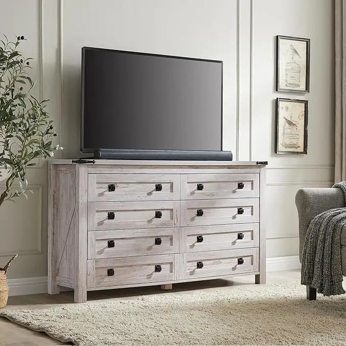 Commode 8 Tiroirs Style Ferme – Bois de Grange Recyclé / Chêne Rustique Clair / Chêne Rustique Foncé / Blanc Antique / Blanc Brossé Antique, Style Rustique, Simple