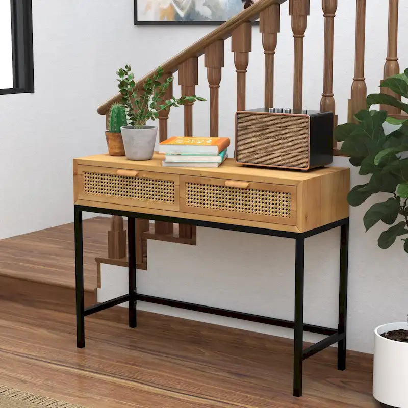 Console de ferme tissée avec plateau en MDF et cadre en métal – Naturelle, style ferme moderne, simple