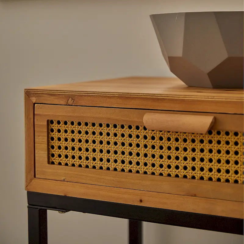 Console de ferme tissée avec plateau en MDF et cadre en métal – Naturelle, style ferme moderne, simple