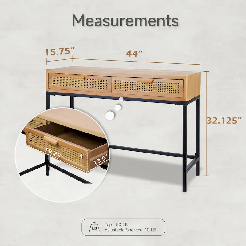 Console de ferme tissée avec plateau en MDF et cadre en métal – Naturelle, style ferme moderne, simple