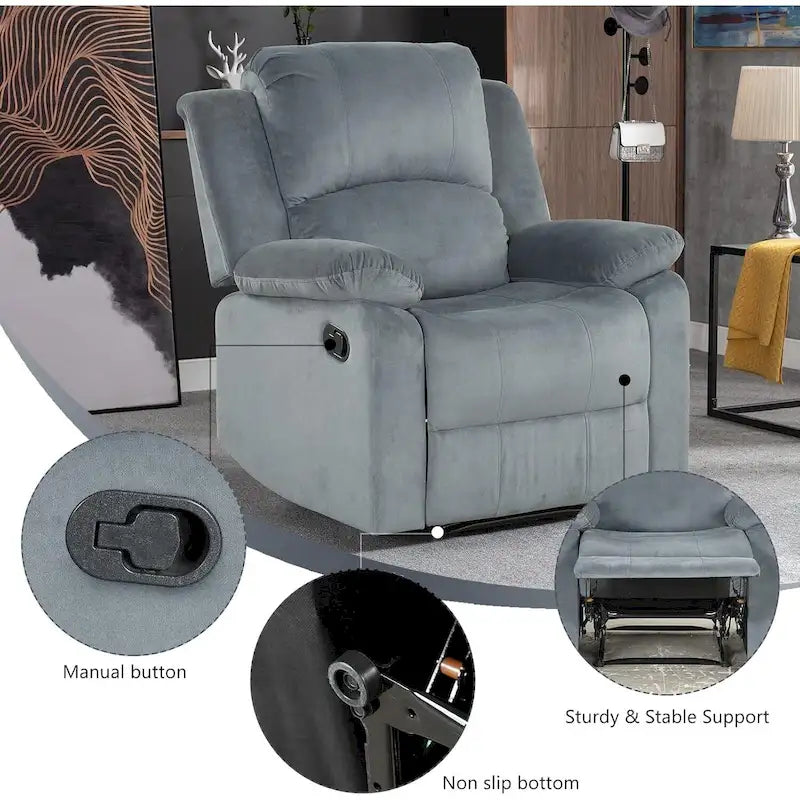Fauteuil inclinable manuel en peluche rembourré avec poignée latérale – Gris Fumé / Gris Clair / Marron, Style moderne, Individuel