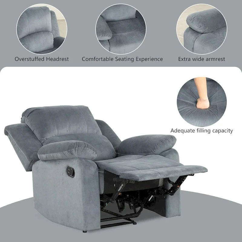 Fauteuil inclinable manuel en peluche rembourré avec poignée latérale – Gris Fumé / Gris Clair / Marron, Style moderne, Individuel