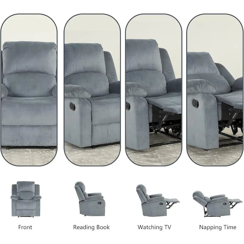 Fauteuil inclinable manuel en peluche rembourré avec poignée latérale – Gris Fumé / Gris Clair / Marron, Style moderne, Individuel