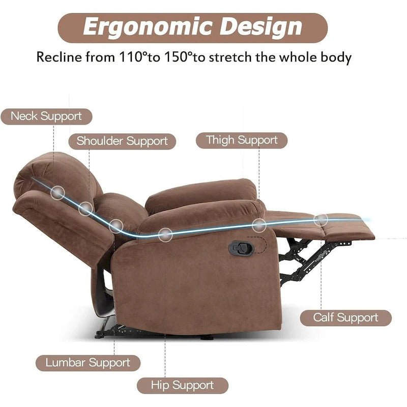 Fauteuil inclinable manuel en peluche rembourré avec poignée latérale – Gris Fumé / Gris Clair / Marron, Style moderne, Individuel