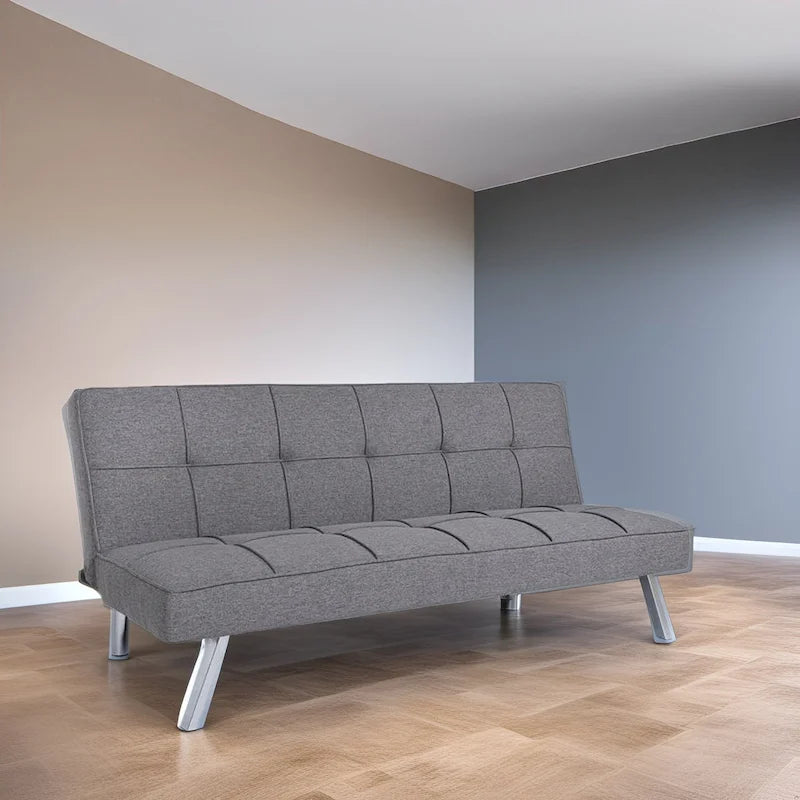 Canapé-lit futon convertible en lin capitonné avec pieds chromés – Gris / Mandarine / Bleu marine / Café, style moderne, 2 places