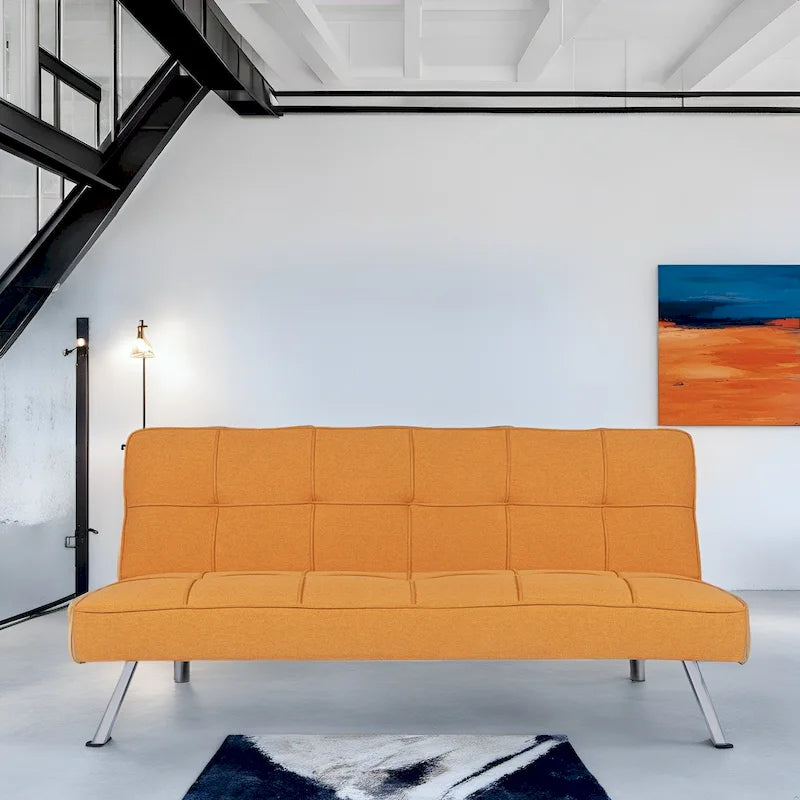 Canapé-lit futon convertible en lin capitonné avec pieds chromés – Gris / Mandarine / Bleu marine / Café, style moderne, 2 places