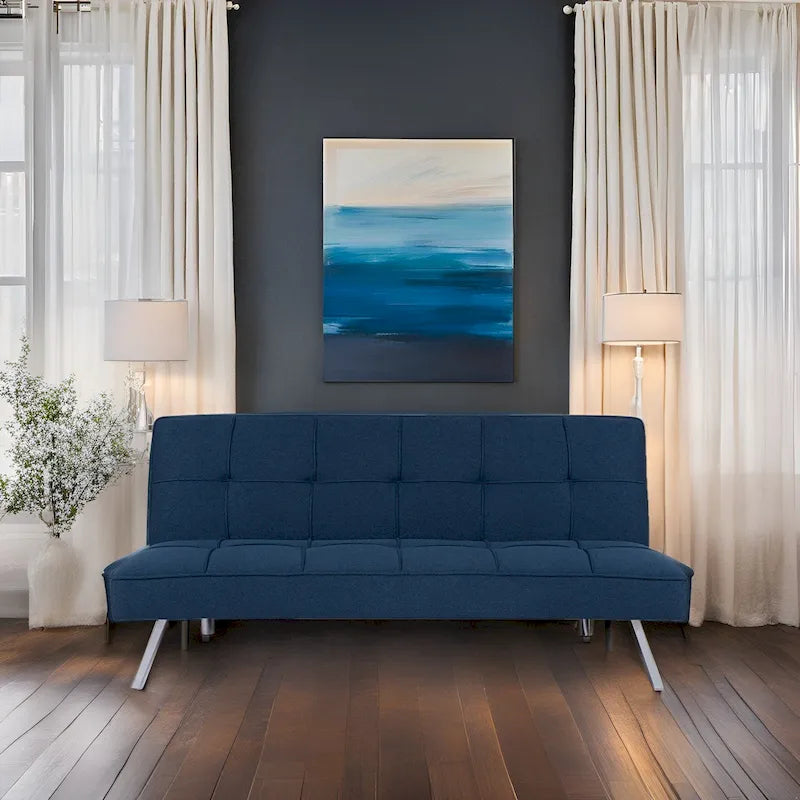 Canapé-lit futon convertible en lin capitonné avec pieds chromés – Gris / Mandarine / Bleu marine / Café, style moderne, 2 places