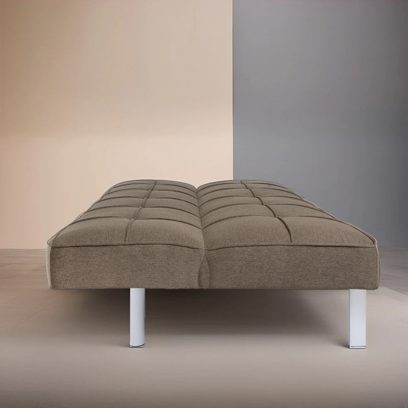 Canapé-lit futon convertible en lin capitonné avec pieds chromés – Gris / Mandarine / Bleu marine / Café, style moderne, 2 places