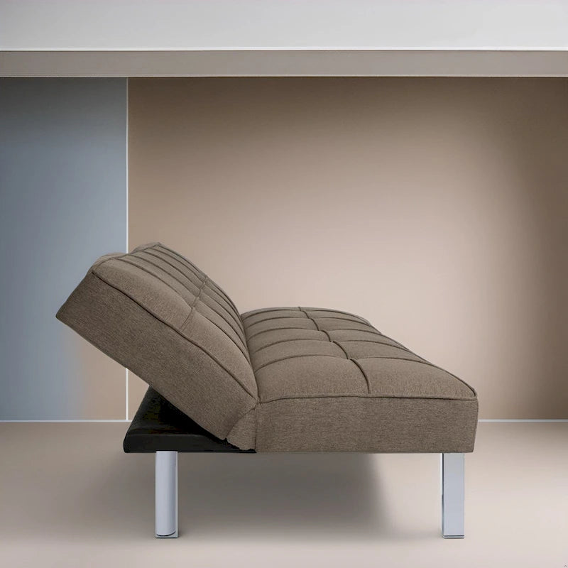 Canapé-lit futon convertible en lin capitonné avec pieds chromés – Gris / Mandarine / Bleu marine / Café, style moderne, 2 places