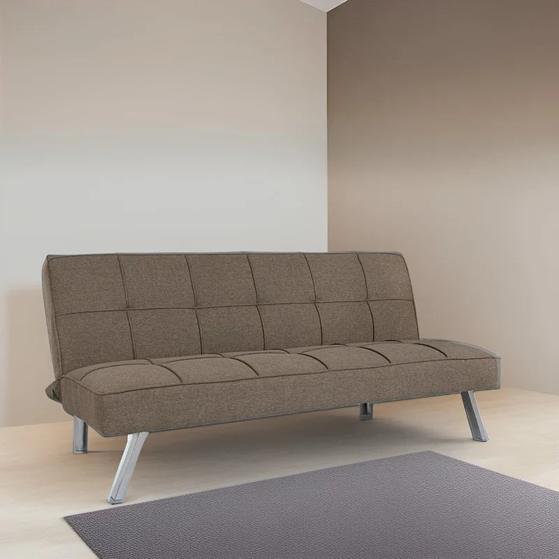 Canapé-lit futon convertible en lin capitonné avec pieds chromés – Gris / Mandarine / Bleu marine / Café, style moderne, 2 places